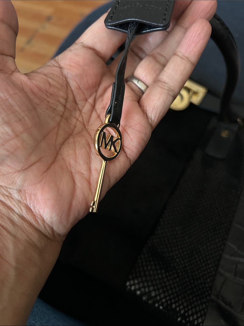 Michael Kors Black Mixed-Texture Tote with Gold Logo Lock - Picture 6 of 6